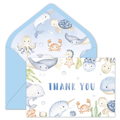 Whaline 24Pcs Under the Sea Thank You Cards Watercolor Marine Animals Greeting Card with Envelope Sticker Cartoon Ocean Blank Note Cards for Summer Birthday Wedding Baby Shower, 4 x 6 Inch