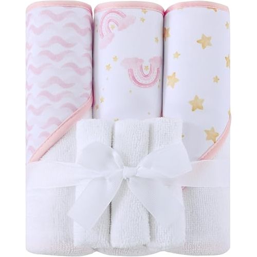 Viviland 6 Pcs Hooded Baby Towels and Washcloths Set, Super Gentle Bath Towels for Newborn Face & Body, Absorbent Wash Cloth for Infants Girls, Pink-Rainbow Pattern, 28 x 28 inch