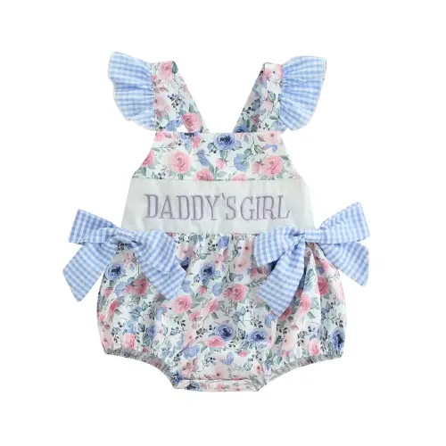 Newborn Baby Girl Cute Fathers Day Daddys Girl Outfit Fly Sleeve Flower Print Bow Romper Infant Bodysuit Summer Clothes #Springtok - TikTok Shop
