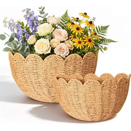 Scalloped Wall Basket, Hanging Wall Basket Set of 2 Boho Woven Wall Decor
