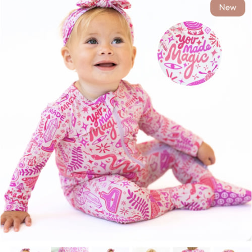 Bamboo Footie Zipper Baby Pajama - Mystic Mama Pink Bamboo Onesie Sleeper - You Made Magic Affirmation – Raising Mama
