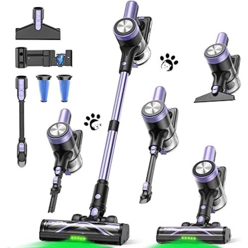 Cordless Vacuum Cleaner, 46KPa/500W Stick Vacuum with 55 Mins Runtime, Self-Standing Vacuum Cleaner for Home, LED Display, Anti-Tangle Brush, Rechargeable Vacuum for Hardwood Floor, Pet Hair (Violet)