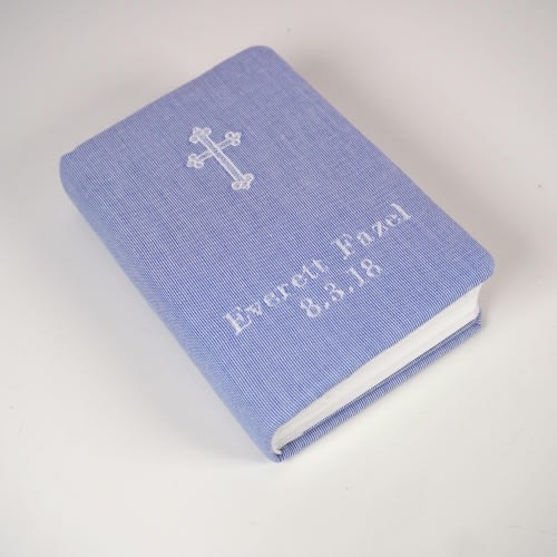 Personalized Baby’s First Bible – Microstripe Cotton Cover with Custom Cross Design | Embroidered Keepsake Gift