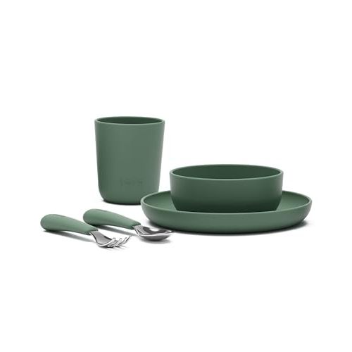 Lalo Big Bites Starter Kit, 5-Piece Silicone Kids Dinnerware Set | Kids Tableware Set, Includes Silicone Plate, Bowl, Utensils and Cup, Non-Toxic, BPA-Free, Dishwasher Safe, Olive