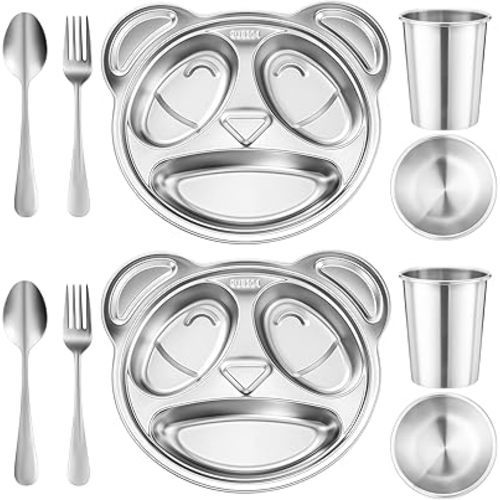 Jinei 10 Pieces Kids Stainless Steel Utensils Set Include 2 Panda Shaped Plates, 2 Bowls, 2 Cups, 2 Spoons, and 2 Forks, Stainless Steel Dinnerware Set for Toddler Utensils Silverware