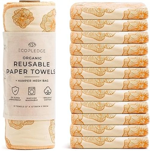Reusable Paper Towels Washable Roll - Thick 12-pc Two Layered Ultra Absorbent Paperless Certified Organic Cotton Towels - Large Cloth Kitchen Paper Towel with Hanging Loop