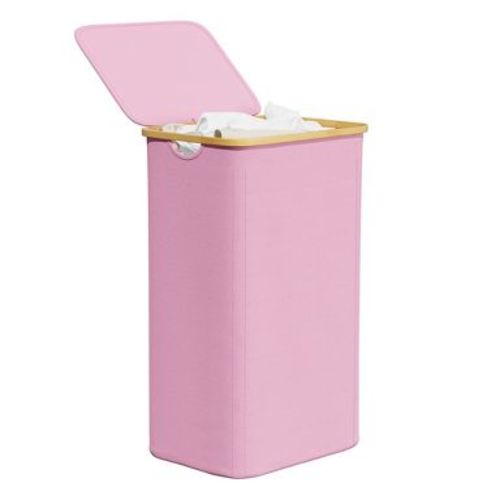 110 L Laundry Hamper with Lid features Bamboo Handle,Pink