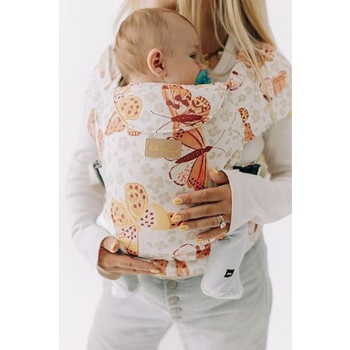 Tushbaby Pearl Wrap Baby Carrier for Newborns 8–20 lbs, Hands-Free Ergonomic Infant Carrier with Storage, Bottle & Wipe Holder, Adjustable Soft Fabric, Butterflies