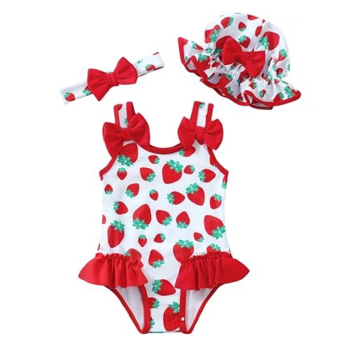 SODLON Baby Girl Swimsuit Infant Toddler One-Piece Bathing Suit 3M-3T | Baby Beach Essentials Girls Swimsuits, Summer Sleeveless Bow Swimwear with Hat & Headband, Cute Ruffle UPF 50+ Swim Suit