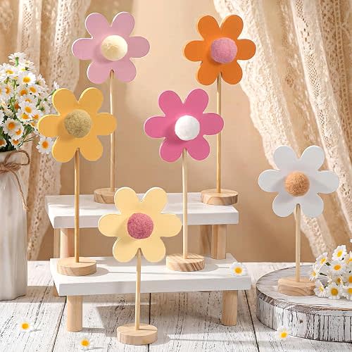 Bucherry 6 Pack Boho Table Decorations Daisy Centerpieces for Tables Wooden Flowers Sign with Pompom Pistil Summer Floral Shelf Centerpiece for Nursery Classroom Office Farmhouse Home