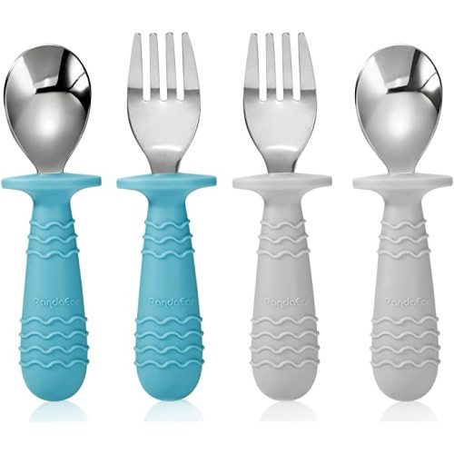 PandaEar 4 Set Baby Toddler Silicone Stainless Steel Utensils Silverware Spoon Fork for Baby Toddler BPA Free with Silicone Holding Anti-Choke Design (Blue&Grey)