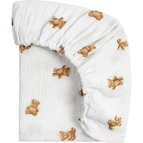 Meracorallo Muslin Pack and Play Fitted Sheet, 100% Cotton, Bear