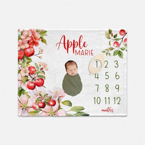 Apple Milestone Blanket, Apples Monthly Baby Blanket, Baby Shower Gift, Apple Blossom Nursery Theme, Apple Blossom Baby Gift F110