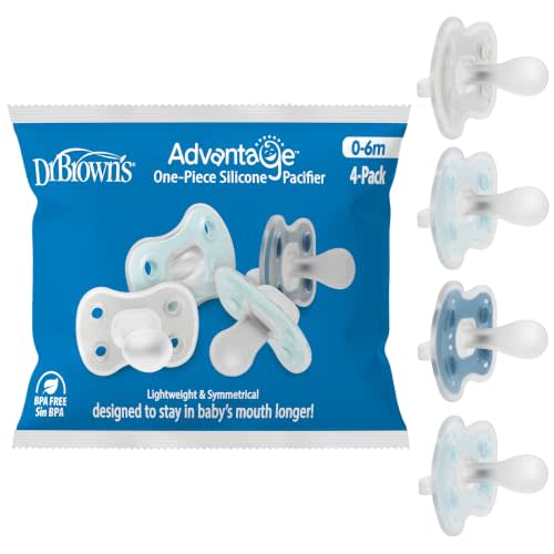 Dr. Brown's Advantage One-Piece Silicone Baby Pacifier, 0-6m, 4-Pack | Blue/Gray/Light-Blue, Pack of 4 Fully Symmetrical Silicone Baby Soothers, BPA-Free, Stage 1