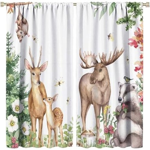 Woodland Curtains for Kids Bedroom Nursery, Watercolor Boho Animal Print Window Drapes, Modern Forest Theme Home Decor, Moose Deer and Raccoon, 2 Panel Set W42xL45 Inch