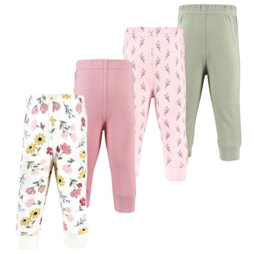 Hudson Baby Basics Infant Girls Comfy Cotton Pants 4-Pack, Blush Bloom Art, 0-3 Months