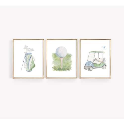 Watercolor Golf Nursery Print Set of 3, Preppy Baby Boy Room Decor, Blue & Green Nursery Wall Art, Vintage Sports Art, Boy Room Golf Posters