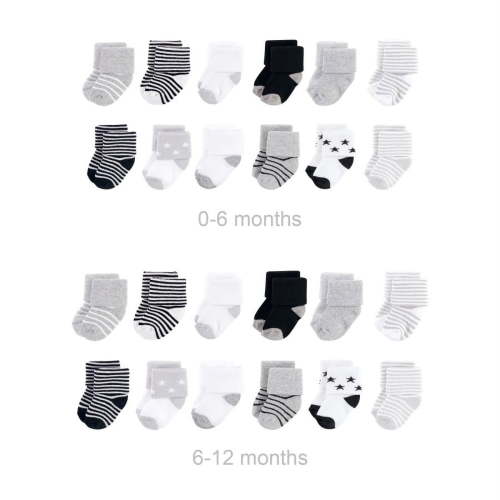 Hudson Baby Unisex Baby Grow with Me Cotton Terry Socks, Gray Black Stars, 0-6 and 6-12 Months