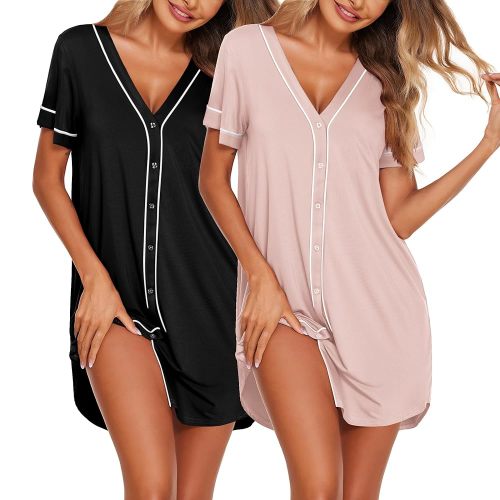 Ekouaer Nightgowns for Women 2 Pack Button Down Sleep Shirts Short Sleeve Night Shirts V Neck Sleepwear Soft Pajama Dress