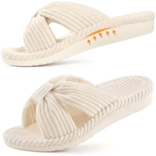 Litfun Orthopedic Arch Support Slippers for Women Comfortable Open Toe Indoor House Slippers Corduroy Cross Bow Bedroom Shoes for Plantar Fasciitis