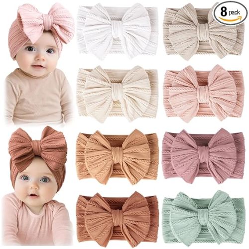 Prohouse 8 Pack Baby Bows Headbands for Girls, Newborn Nylon Headbands | Ultra-Soft Nylon Fabric, Oversized Hair Bows, Secure Fit Design, Gift Box Included, for Infants & Toddlers (Beige)