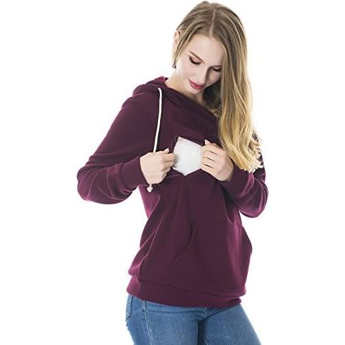 XL - Wine - Smallshow Women's Fleece Maternity Nursing Sweatshirt Hoodie Kangaroo Pocket