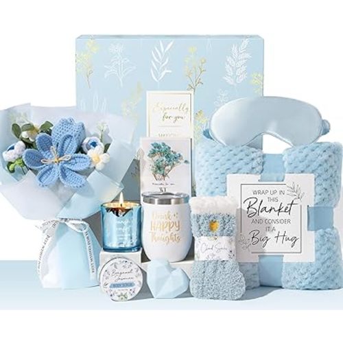 Birthday Gifts for Women Self Care Package Get Well Soon Gift Baskets, Thinking of You Sympathy Gift Set w/ Crochet Flower Bouquet, Unique Christmas Spa Gifts for Women Mom Her Best Friend Sister Wife