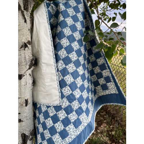 Blue Floral Checkered Baby Quilt – Handmade Checkerboard Crib Blanket