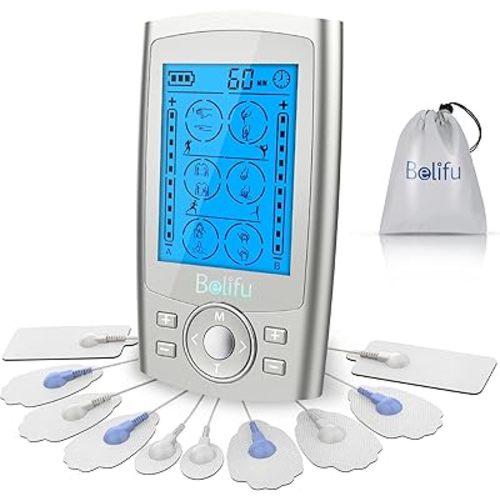 Belifu Dual Channel TENS EMS Unit 24 Modes Muscle Stimulator for Pain Relief Therapy, Electronic Pulse Massager Muscle Massager with 10 Pads, Dust-Proof Drawstring Storage Bag, Fastening Cable Ties