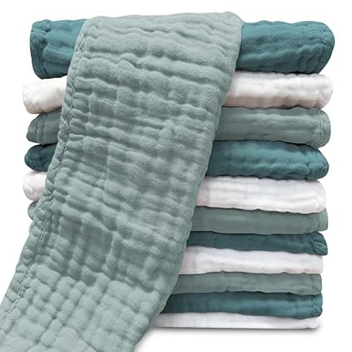 Muslin Burp Cloths for Baby 100% Cotton Burping Cloths for Unisex, Boy, Girl - Large 20'' by 10'' Newborn Essentials Ultra Soft Absorbent Milk Spit Up Rags - 12 Pack - White+Light Emerald Series
