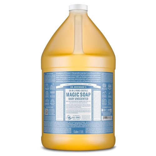 Dr. Bronner's Pure-Castile Magic Soap Liquid (Baby Unscented, 1 Gallon) – Made with Regenerative Organic Oils- For Sensitive Skin, Babies, Face, Hair, Laundry, Dishes, Hand Soap & Body Wash