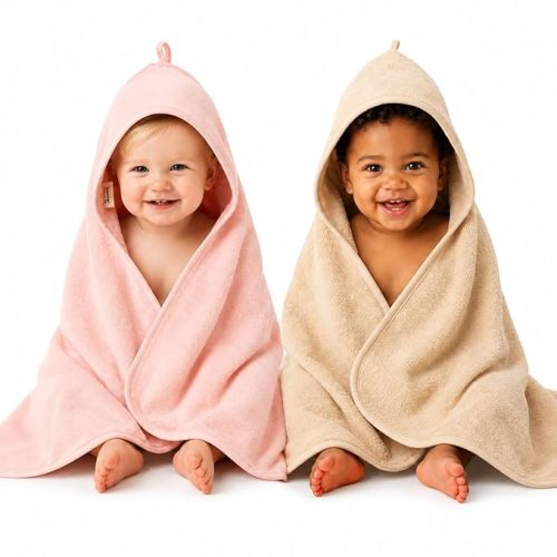 Hooded Baby Towels – 100% Organic Cotton Baby Bath Towels – Baby Girl Newborn Essentials - Super-Soft and Absorbent.. (2-Pack Fog and Blush)