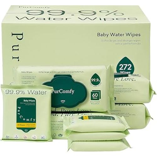 PurComfy Baby Wipes Unscented, 4 Flip-Top Packs + 4 Travel Pack 99.9% Water Wipes with Plant Based, Hypoallergenic for Sensitive Newborn Skin, Total 272 Count Wet Wipes