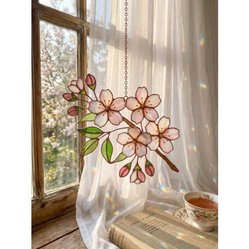 Cherry Blossom Stained Glass Suncatcher, Pink Sakura Window Hanging Decor, Botanical Floral Glass Art, Spring Mother's Day Gift for Her