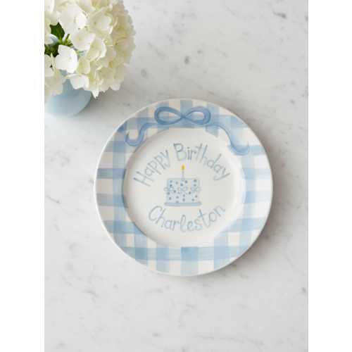 Custom Birthday Plate with Name • Handmade Ceramic Plate • Baby Blue Cake & Bow Design • Personalized Boy Birthday Gift Idea | P014