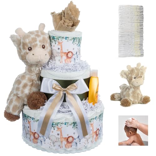 Lil' Baby Cakes Safari Diaper Cake - Beautiful Safari-Themed Baby Gift Using Size 1 Swaddler Diapers - Perfect for Baby Showers with Safari Animal Decorations, Giraffe Diaper Cake - 10 in x 12 in