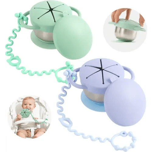 Daximo 2 Pack Toddler Snack Cups — 5-in-1 Snack Cups for Toddlers Spill Proof with Suction Cup and Anti-Loss Rope, Detachable Stainless Steel Cups with Silicone Lids & Handles (Blue and Green)