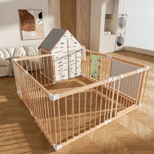 Natural Wood Baby Playpen 10 Panel Foldable Play Yard with Door Panel and Built-in Toys Easy to Assemble Foldable Assembled Into Various Shapes