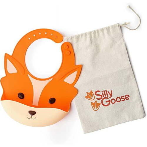 Silly Goose Silicone Animal Baby Bibs for Babies and Toddlers, Waterproof, Adjustable, Soft, Extra Wide Food Catcher Pocket (Baby Fox)