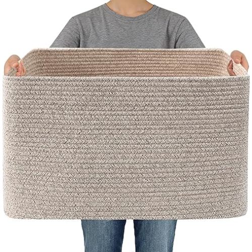 JMvicyroam 65L Large Woven Cotton Rope Blanket Basket, Oatmeal