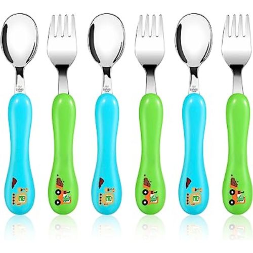 Lehoo Castle 6 Pieces Toddler Utensils, Kids Silverware for 2 3 4 Years Old, Stainless Steel Fork and Spoon Set with Plastic Handle, Safe Toddler Cutlery (Dinosaur)