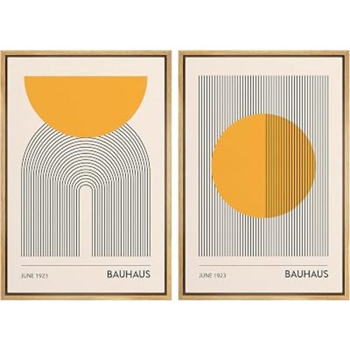 Framed Canvas Print Wall Art Set Bauhaus Geometric Solar Sun Wave Collage Abstract Shapes Illustrations Modern Art Decorative Multicolor for Living Room, Bedroom, Office - 16"x24"x2 Natural
