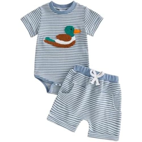 Douhoow Baby Boy Summer Clothes Duck Golf Embroidered Short Sleeve Waffle Baby Romper Shorts Infant Boy Festival Outfits