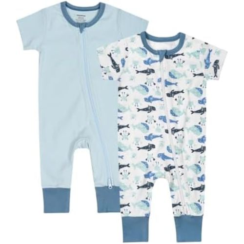 Teach Leanbh Baby Boys Girls 2 Pack 2 Way Zipper Footless Pajamas Cotton Short Sleeve Printing Romper Sleep and Play