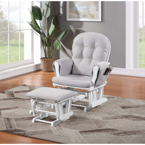 Suite Bebe Madison Glider & Ottoman, White Wood and Woven Gray Fabric