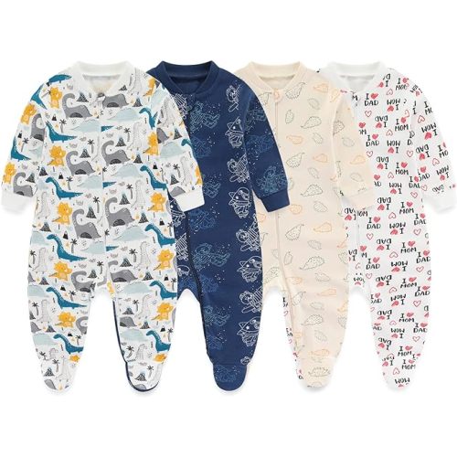 Newborn Baby One-Piece Footies Romper 2-Way Zip Cotton Bodysuit Long-Sleeve Jumsuit 4-Pack, 0-12 Months