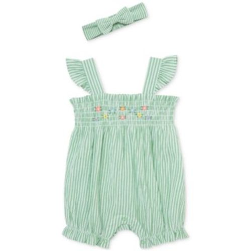 Baby Girls Cotton Striped Floral Bubble Romper & Headband, 2 Piece Set
