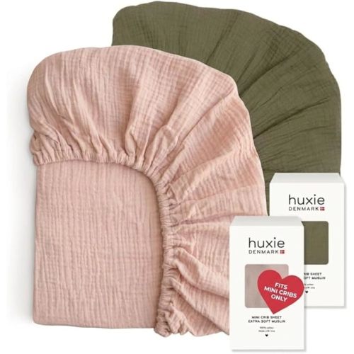 Mini Crib Sheets - Organic Cotton Muslin Fitted Crib Sheet Fitted for Pack and Play - Ultra-Soft and Breathable Crib Sheets for Boys and Girls (Mini Blush/Sage Green)