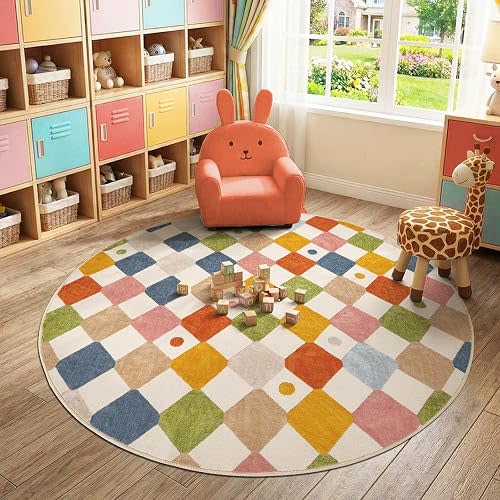 jinchan 6ft Kids Round Rug Washable Colorful Checkered Classroom Rug
