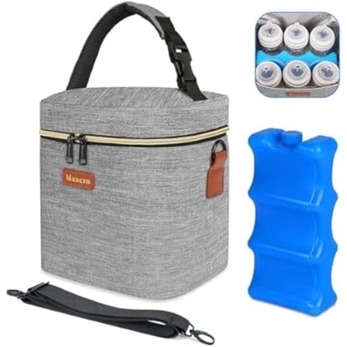 Mancro Baby Bottle Bag with Insulated Cooler, Fits 6 Baby Bottles Up to 9 Ounce with Ice Pack, Breastmilk Cooler Bag with Adjustable Shoulder Strap for Easy Carrying, Grey